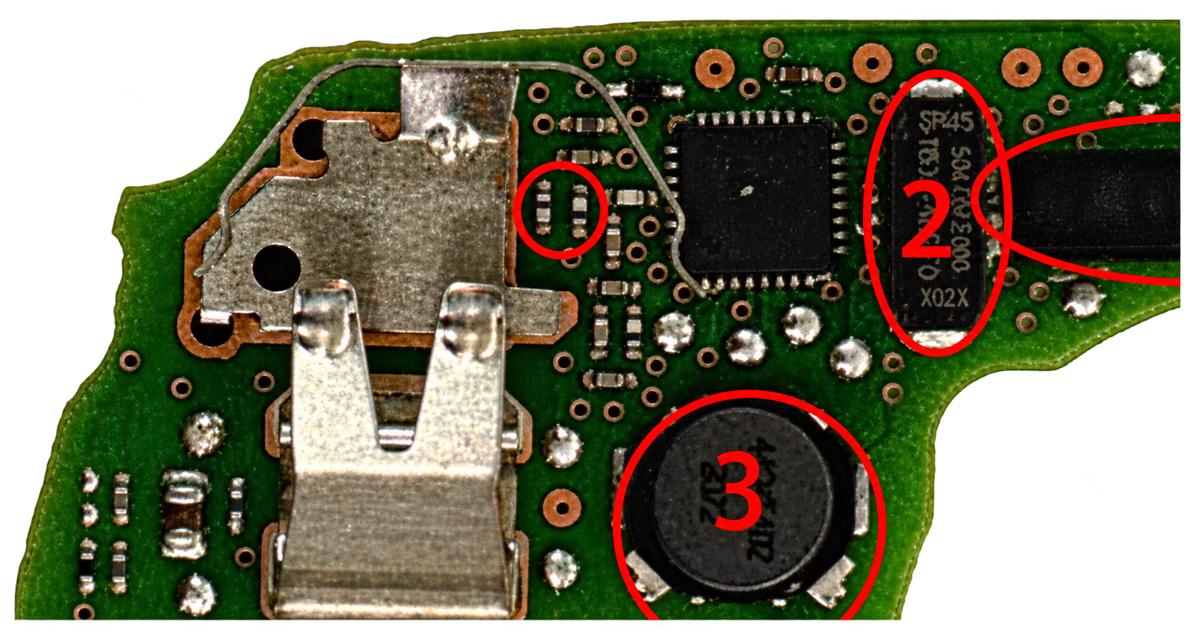 Inductor locations marked on a key PCB