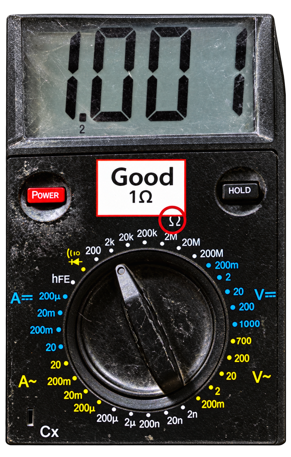 Resistor measurement showing the good 1 ohm example